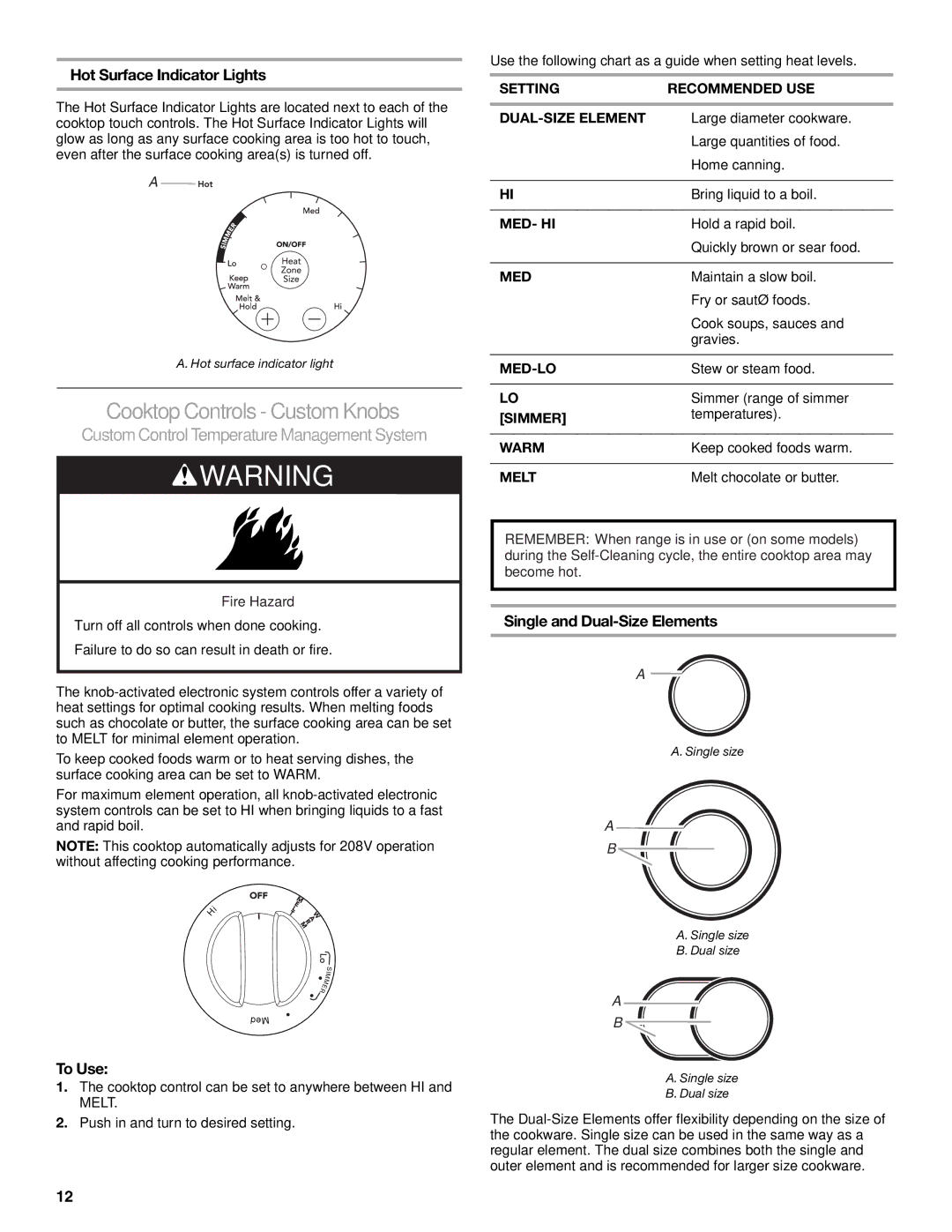 KitchenAid KESS908SPS manual Cooktop Controls Custom Knobs, Hot Surface Indicator Lights, Single and Dual-Size Elements 