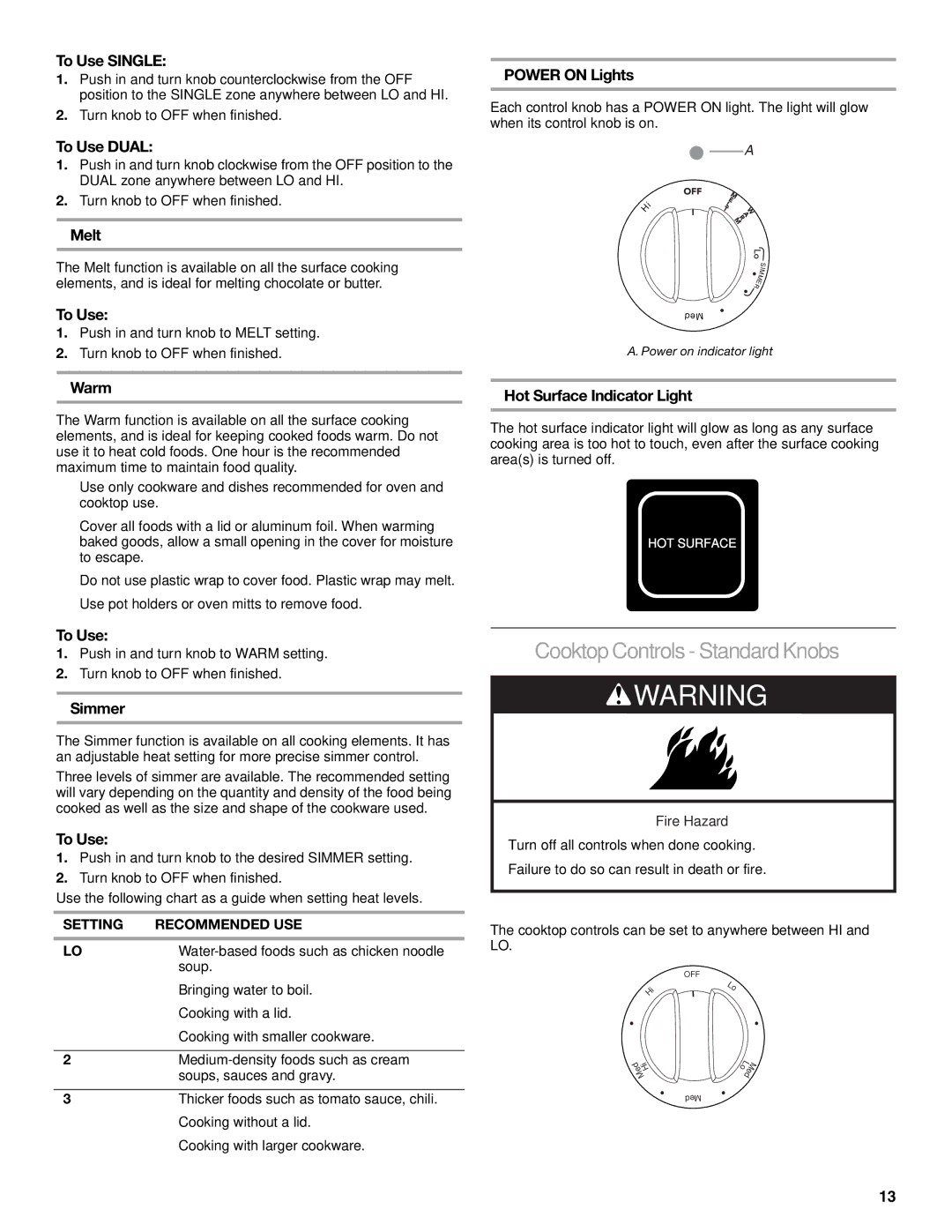 KitchenAid KESS907SSS, KESS908SPS, KESS907SWW manual Cooktop Controls- Standard Knobs 