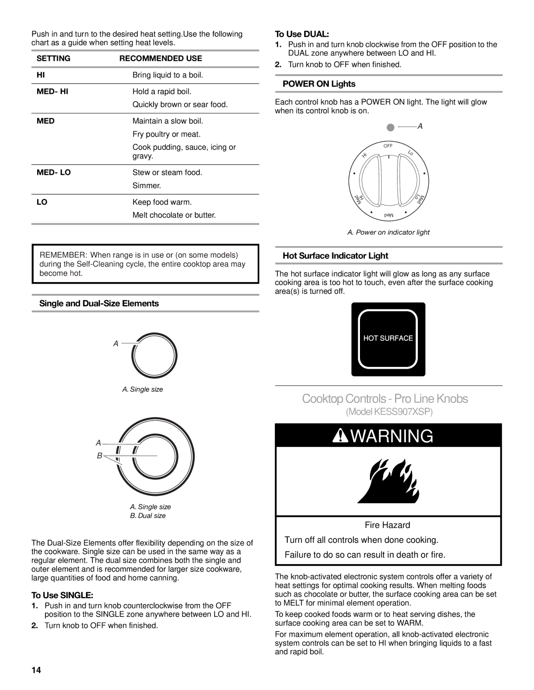 KitchenAid KESS907SWW, KESS908SPS, KESS907SSS manual Cooktop Controls- Pro Line Knobs, Model KESS907XSP, Med- Lo 