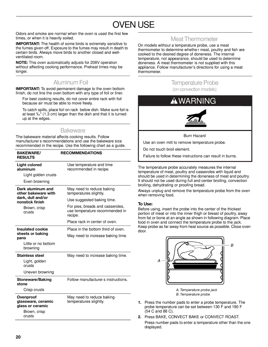 KitchenAid KESS907SWW, KESS908SPS, KESS907SSS manual Oven USE, MeatThermometer, Aluminum Foil, Bakeware, Temperature Probe 