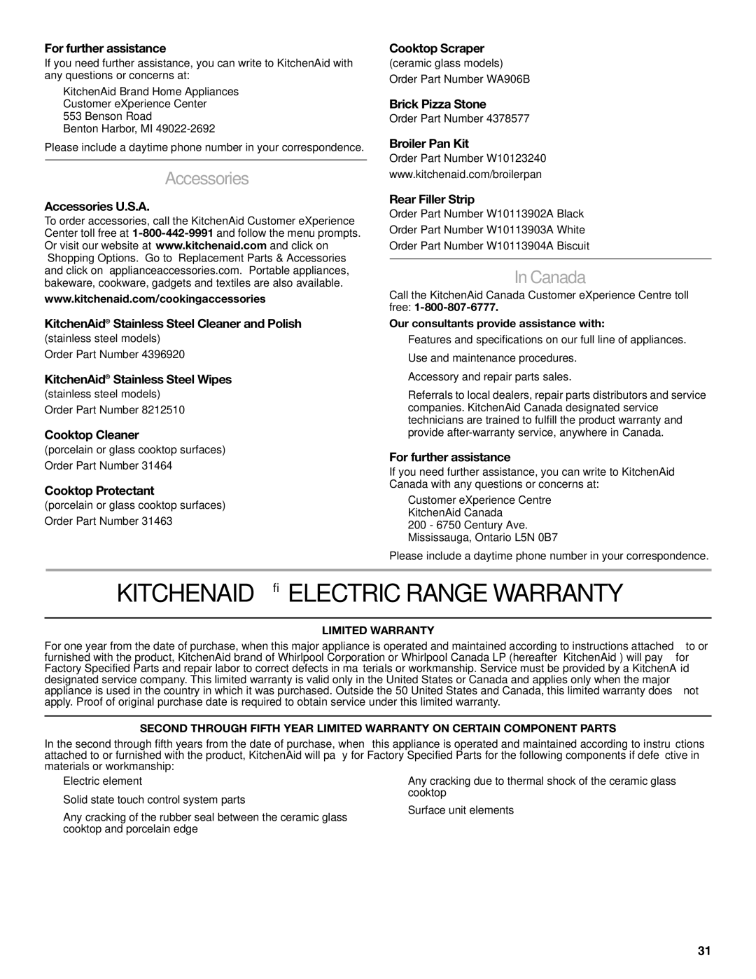 KitchenAid KESS907SSS, KESS908SPS, KESS907SWW manual Kitchenaid Electric Range Warranty, Accessories, Canada 