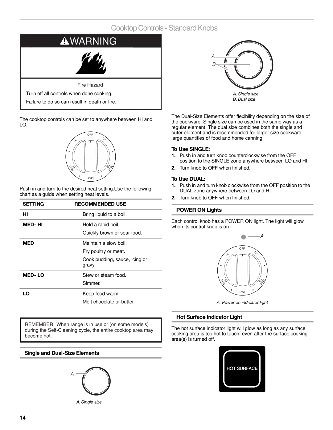 KitchenAid KESS908SPS manual Cooktop Controls -Standard Knobs, Med- Lo 