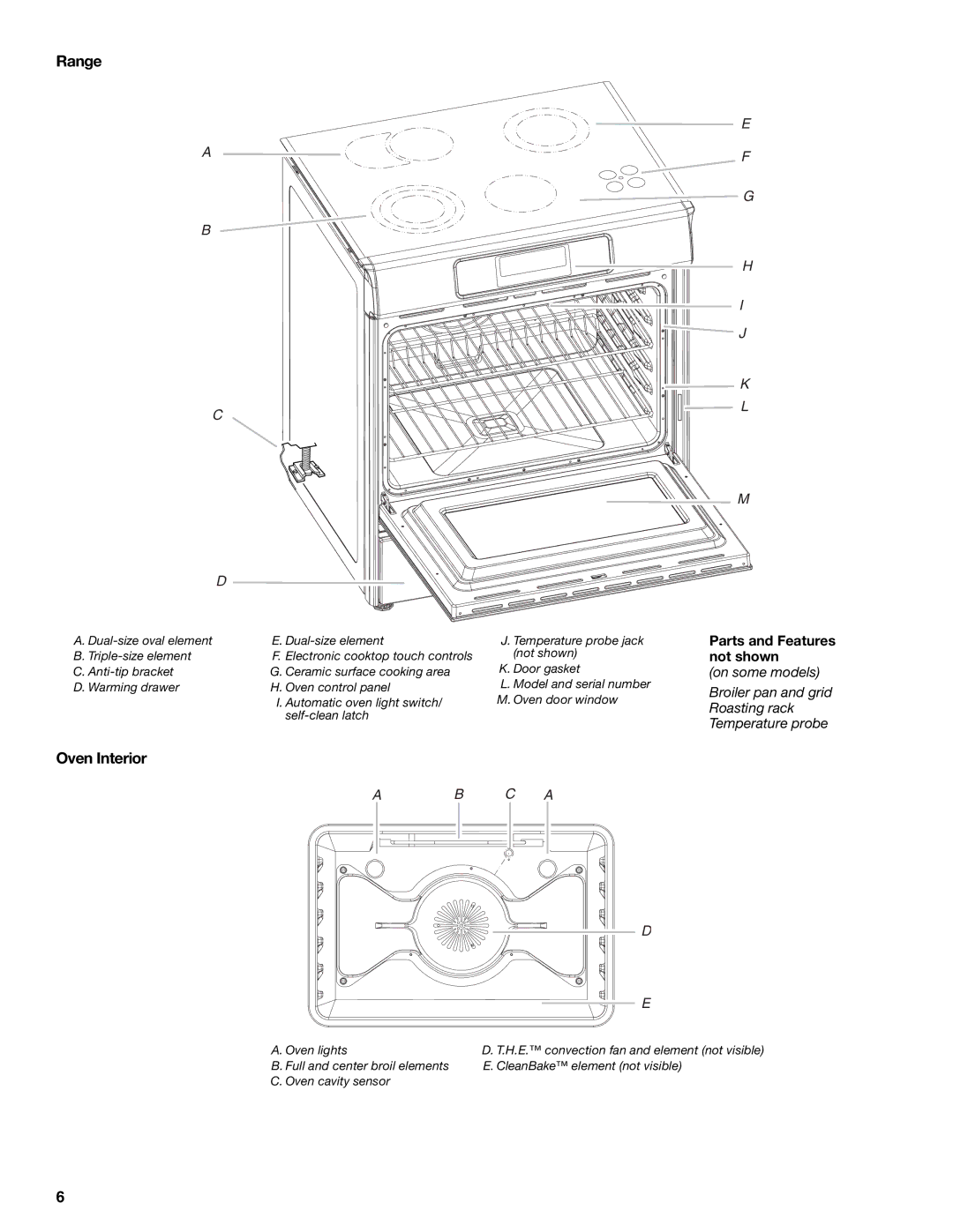 KitchenAid KESS908SPS manual Range, Oven Interior, Parts and Features not shown 