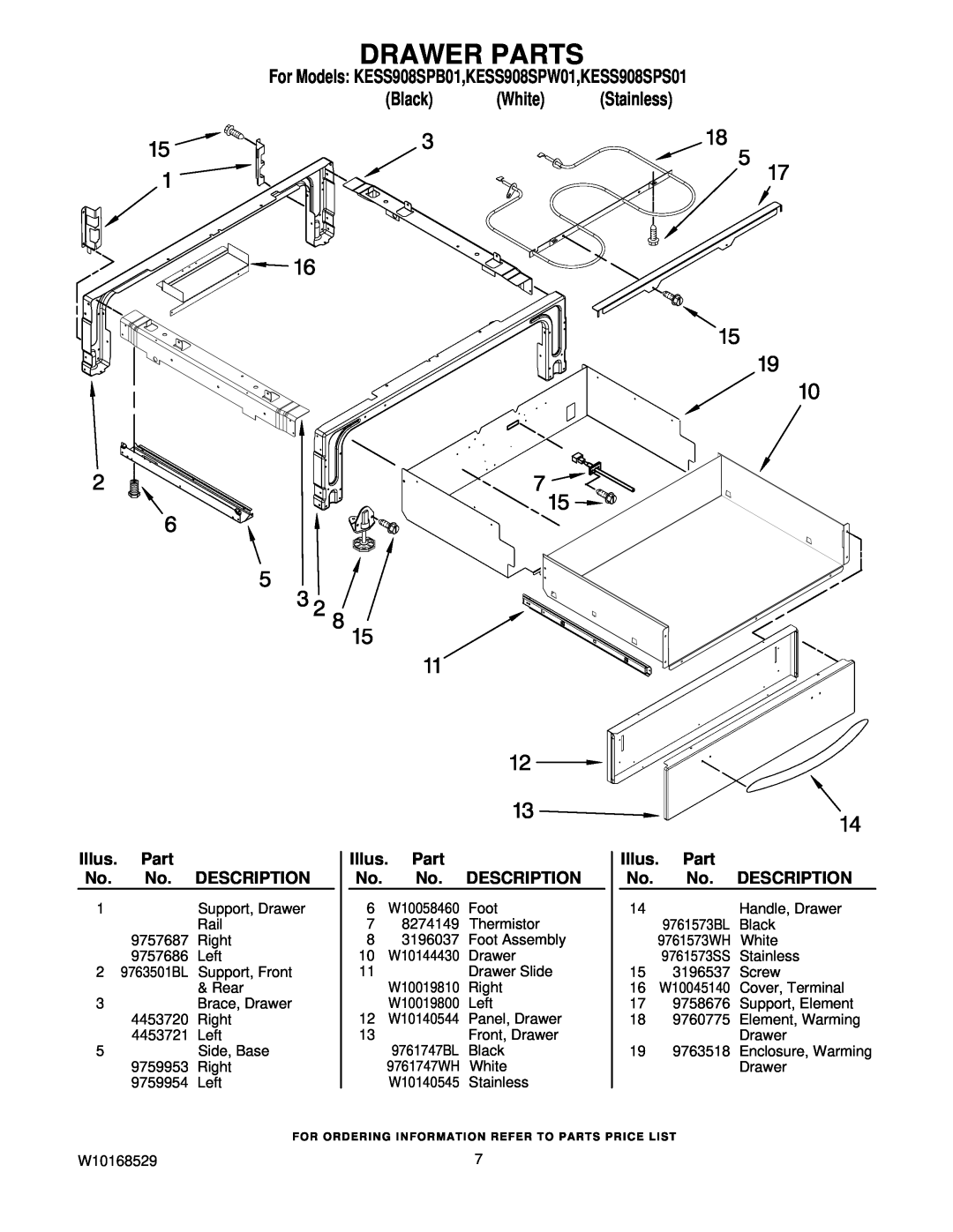 KitchenAid manual Drawer Parts, For Models KESS908SPB01,KESS908SPW01,KESS908SPS01, Black White Stainless 