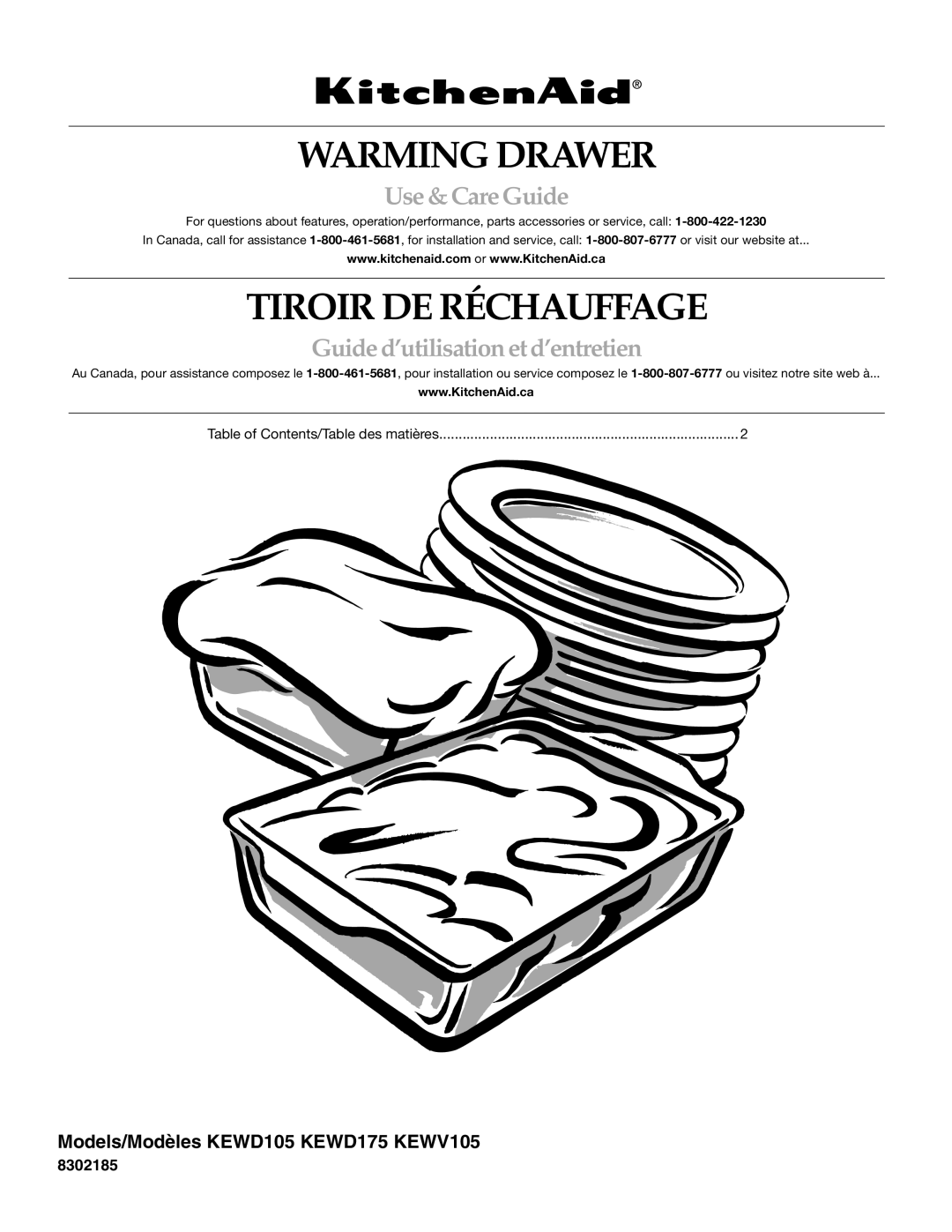 KitchenAid KEWD105 manual Warming Drawer, Tiroir DE Réchauffage, Use &CareGuide, Guide d’utilisation et d’entretien 