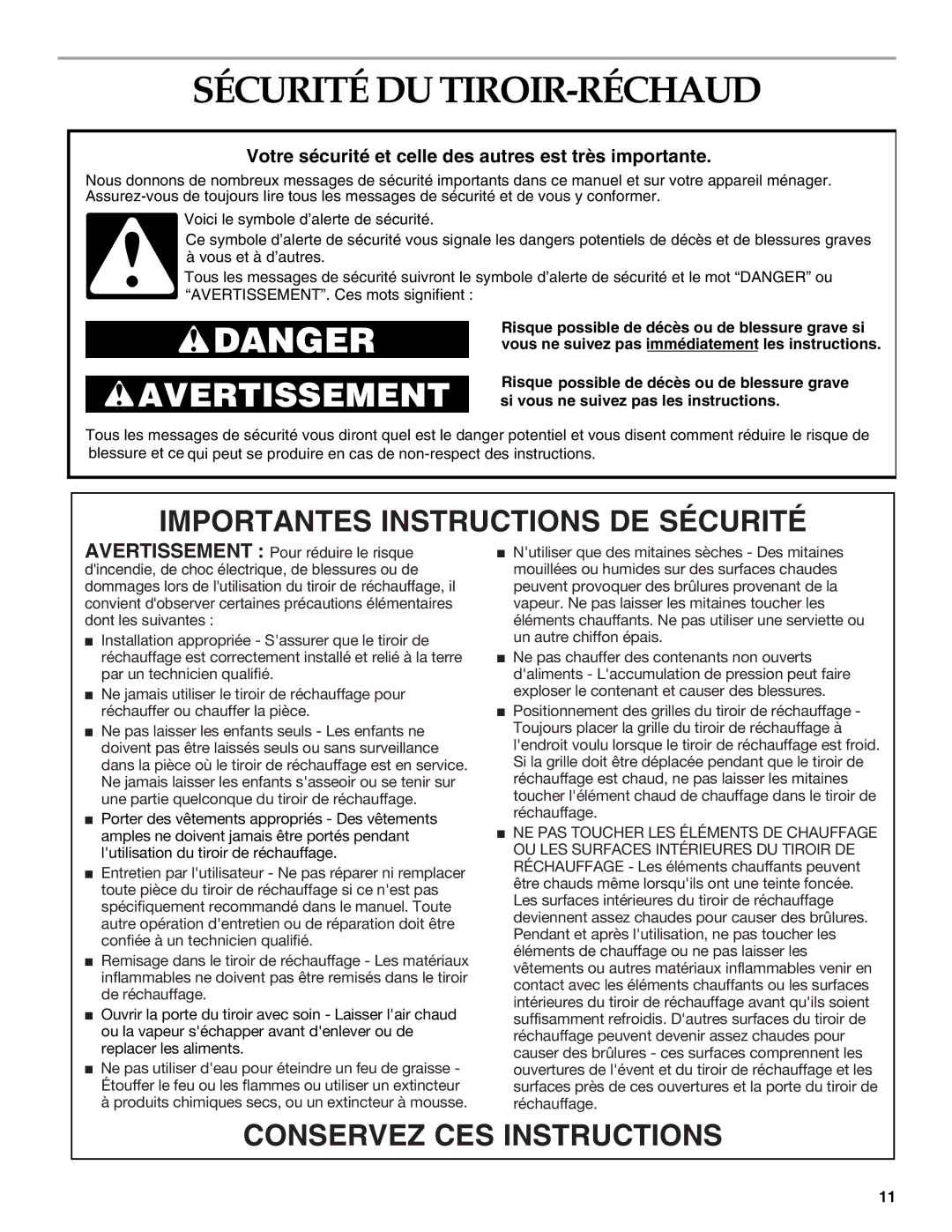 KitchenAid KEWD105 manual Sécurité DU TIROIR-RÉCHAUD, Votre sécurité et celle des autres est très importante 