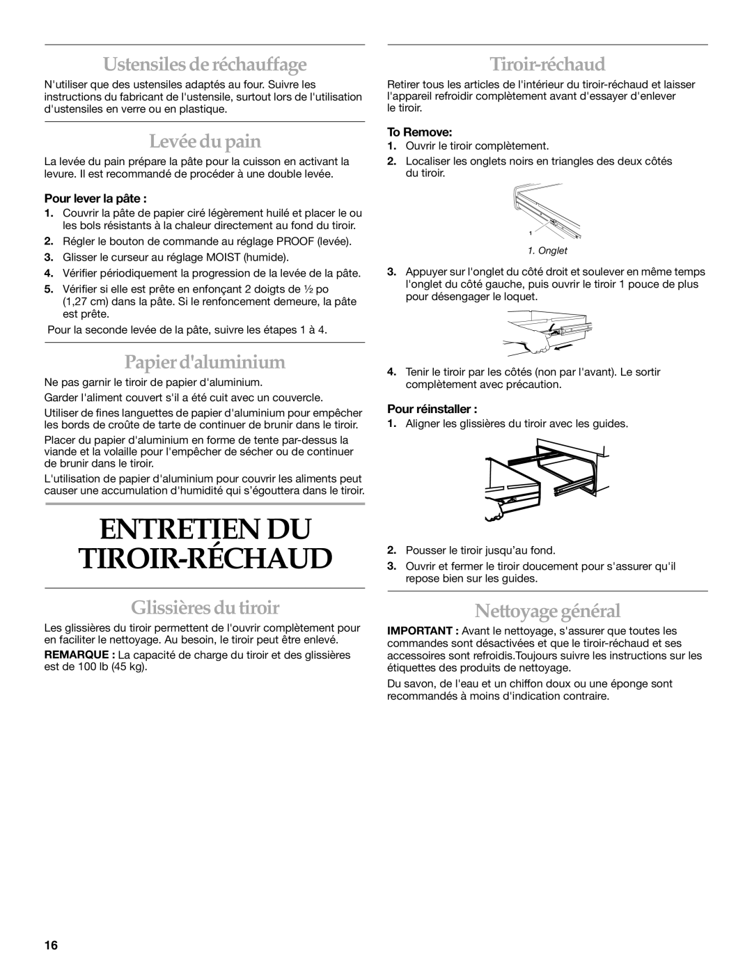 KitchenAid KEWD105 manual Entretien DU TIROIR-RÉCHAUD 