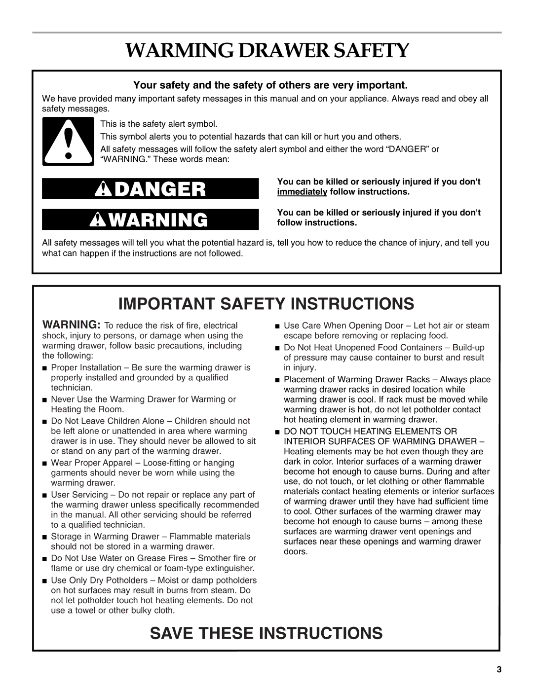 KitchenAid KEWD105 manual Warming Drawer Safety, Your safety and the safety of others are very important 