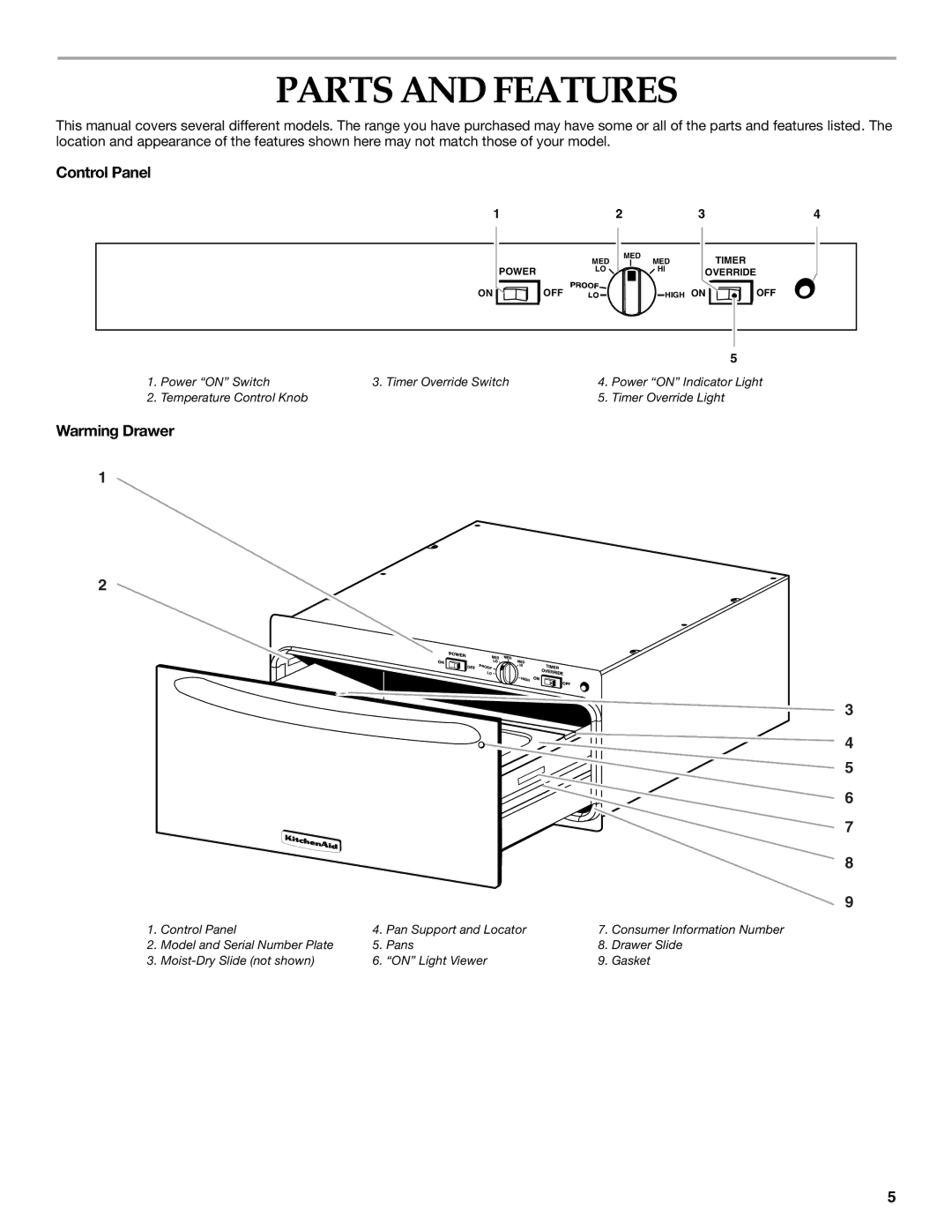 KitchenAid KEWD105 manual Parts and Features, Control Panel, Warming Drawer 
