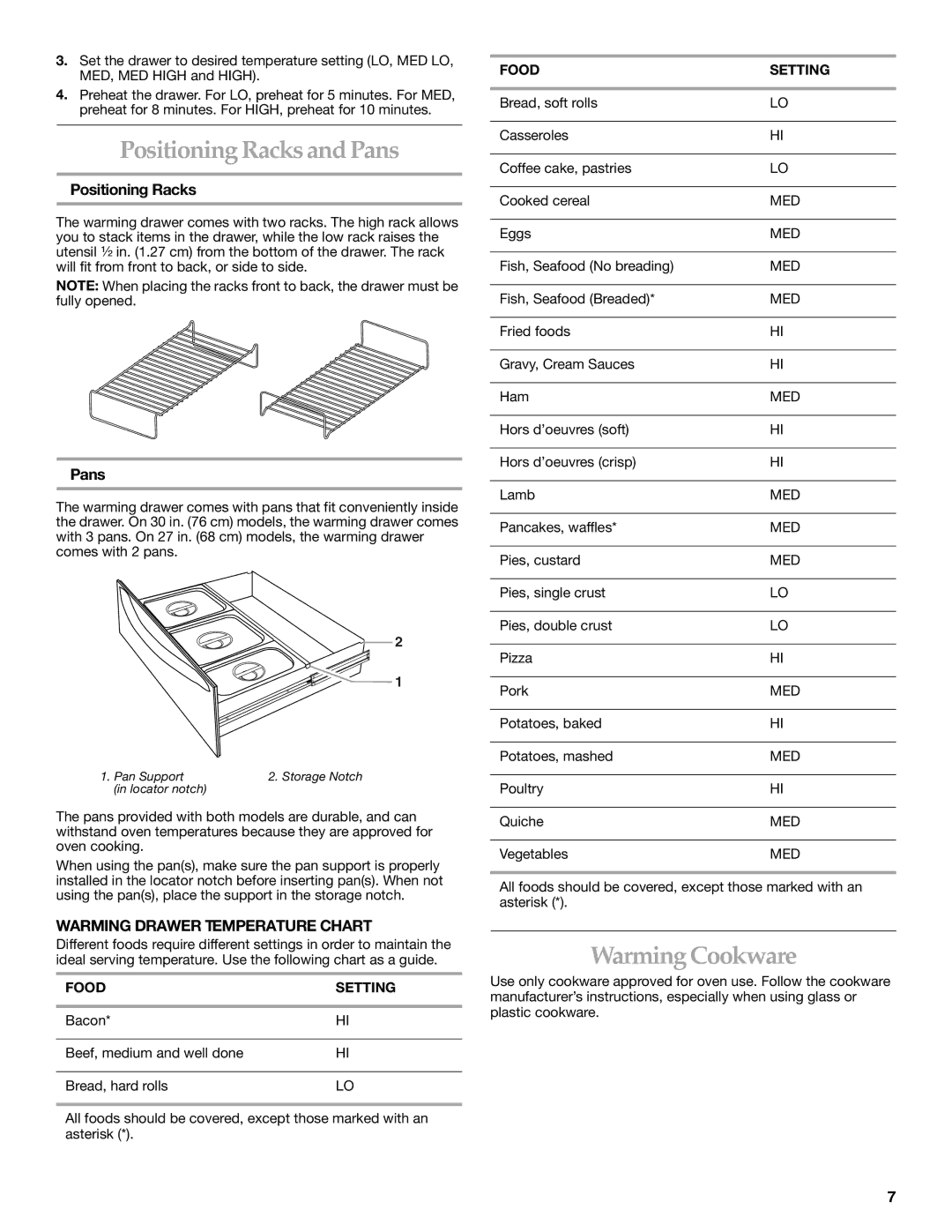 KitchenAid KEWD105 manual Positioning Racks and Pans, Warming Cookware, Warming Drawer Temperature Chart 