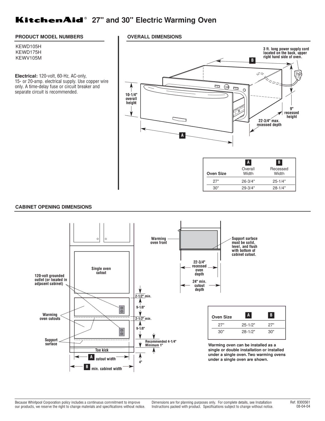 KitchenAid dimensions Electric Warming Oven, Product Model Numbers, KEWD105H KEWD175H KEWV105M, Overall Dimensions 