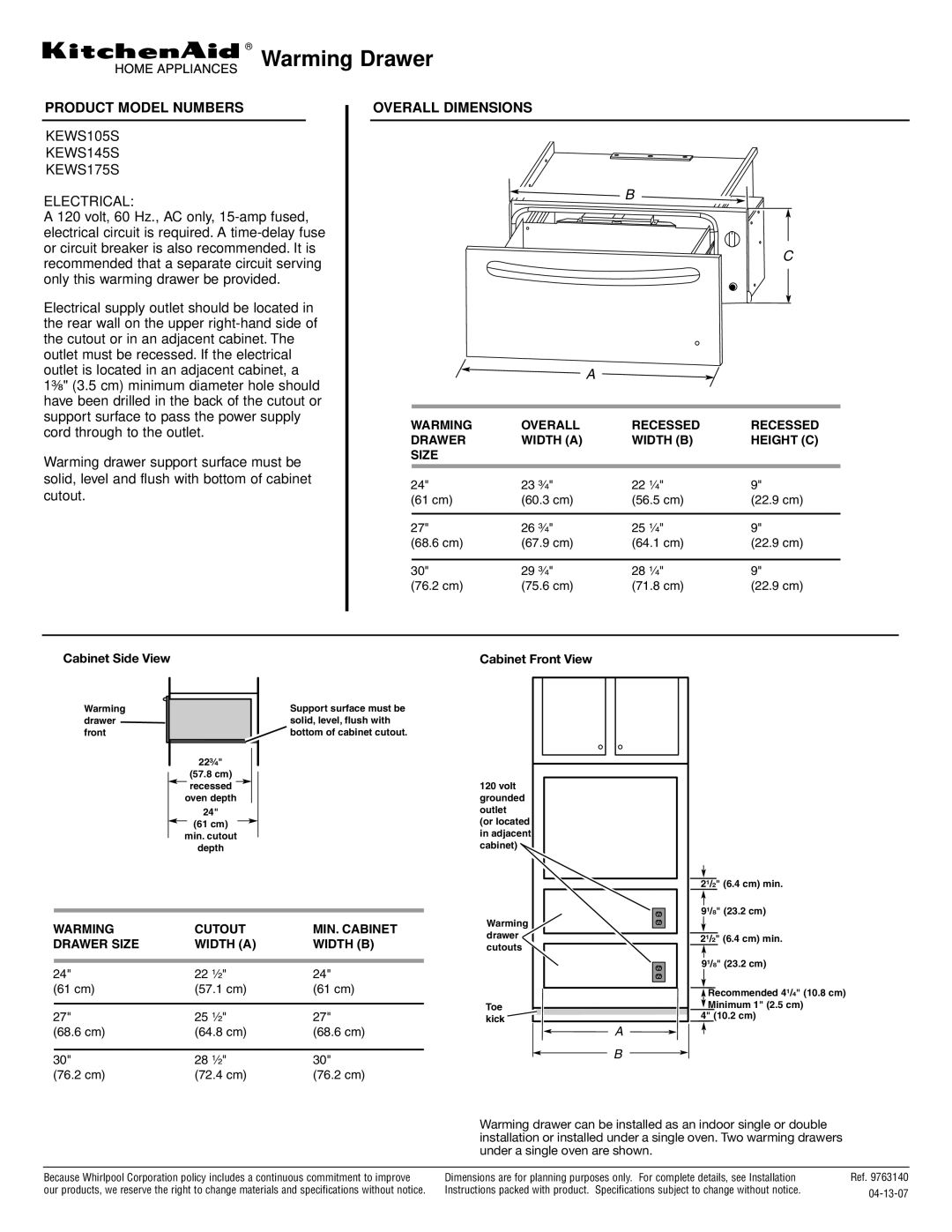 KitchenAid KEWS175S, KEWS145S, KEWS105S dimensions Warming Drawer, Product Model Numbers Overall Dimensions 