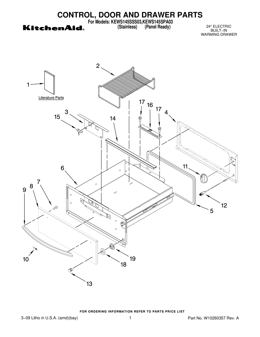 KitchenAid manual CONTROL, Door and Drawer Parts, For Models KEWS145SSS03,KEWS145SPA03 Stainless 