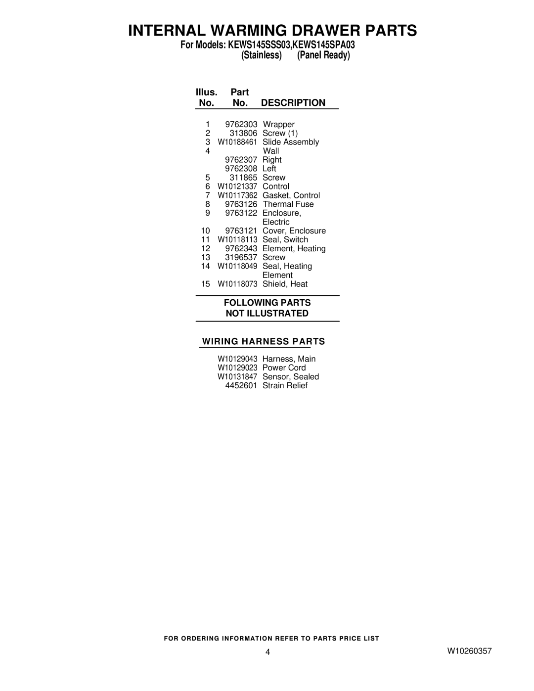 KitchenAid KEWS145SPA03, KEWS145SSS03 manual Following Parts Not Illustrated Wiring Harness Parts 