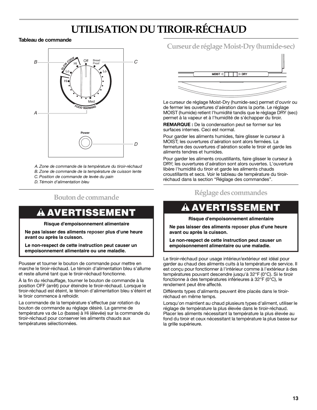 KitchenAid KEWS145, KEWS175 Utilisation DU TIROIR-RÉCHAUD, Curseur de réglage Moist-Dry humide-sec, Bouton de commande 