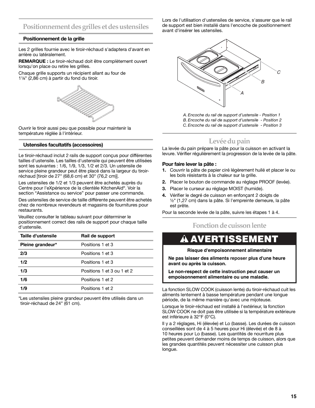 KitchenAid KEWS105, KEWS175, KEWS145 Positionnement desgrilles et desustensiles, Levée du pain, Fonction de cuisson lente 