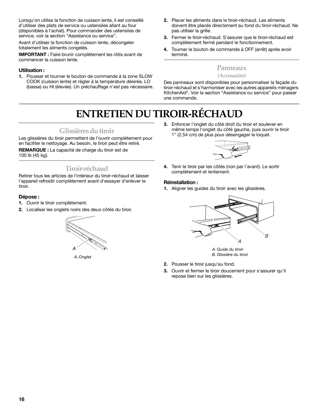 KitchenAid KEWS175, KEWS145, 9763141A, KEWS105 Entretien DU TIROIR-RÉCHAUD, Panneaux, Glissières du tiroir, Tiroir-réchaud 