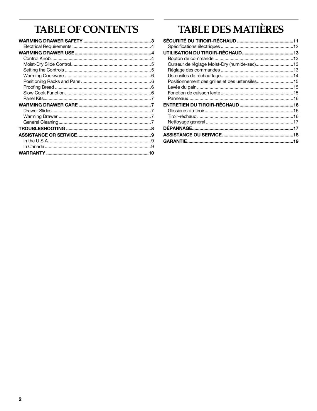 KitchenAid 9763141A, KEWS175, KEWS145, KEWS105 manual Table of Contents, Table DES Matières 