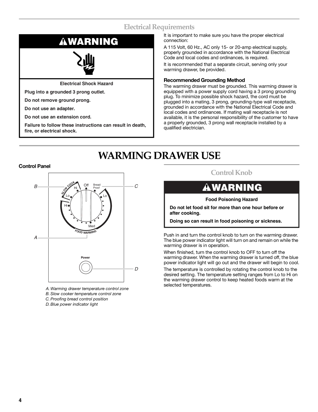 KitchenAid KEWS175 Warming Drawer USE, ElectricalRequirements, Control Knob, Recommended Grounding Method, Control Panel 