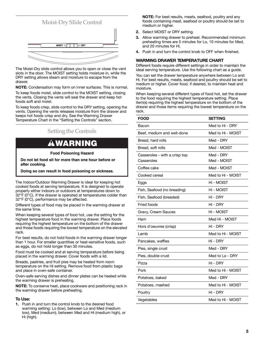 KitchenAid KEWS145 Moist-DrySlide Control, Setting the Controls, To Use, Warming Drawer Temperature Chart, Food Setting 