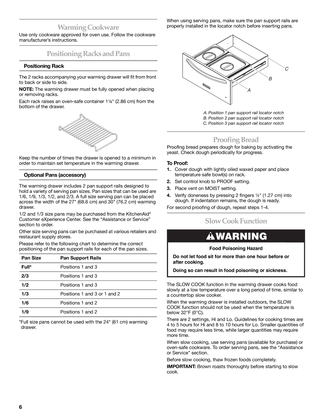 KitchenAid 9763141A, KEWS175, KEWS145 manual Warming Cookware, PositioningRacks and Pans, Proofing Bread, Slow Cook Function 