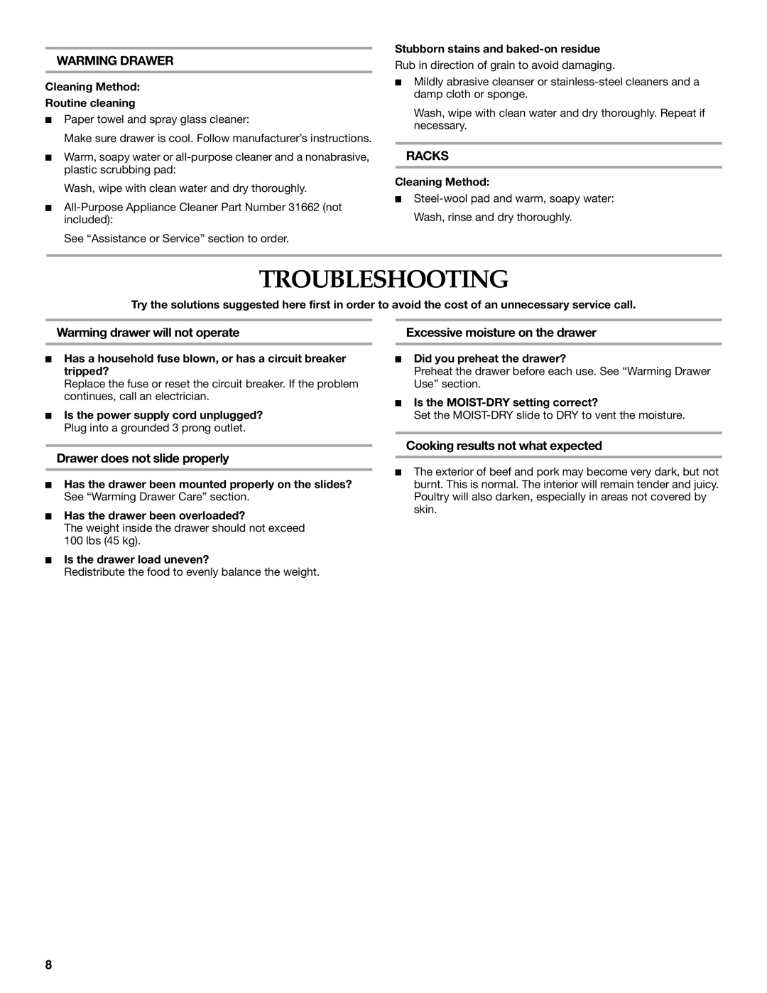 KitchenAid KEWS175, KEWS145, 9763141A, KEWS105 manual Troubleshooting, Warming Drawer, Racks 