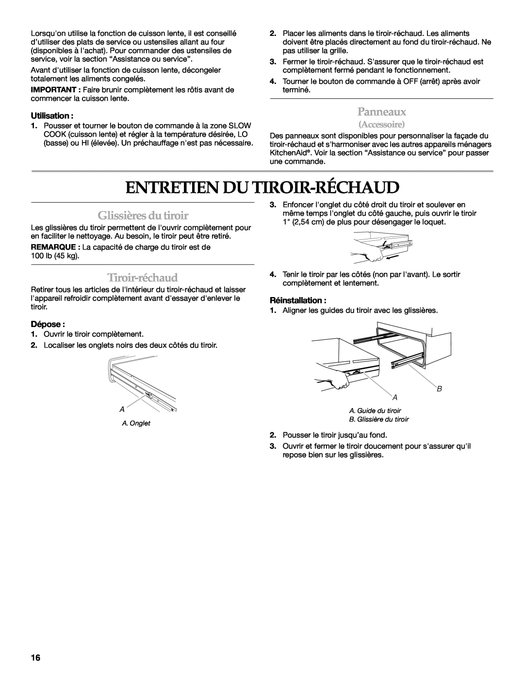 KitchenAid KEWS175, KEWS145 manual Entretien Du Tiroir-Réchaud, Panneaux, Glissières du tiroir, Tiroir-réchaud, Accessoire 