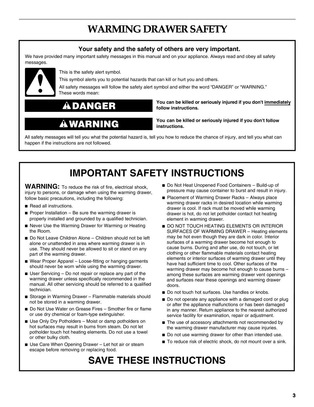 KitchenAid KEWS105, KEWS175, KEWS145 Warming Drawer Safety, Important Safety Instructions, Save These Instructions, Danger 