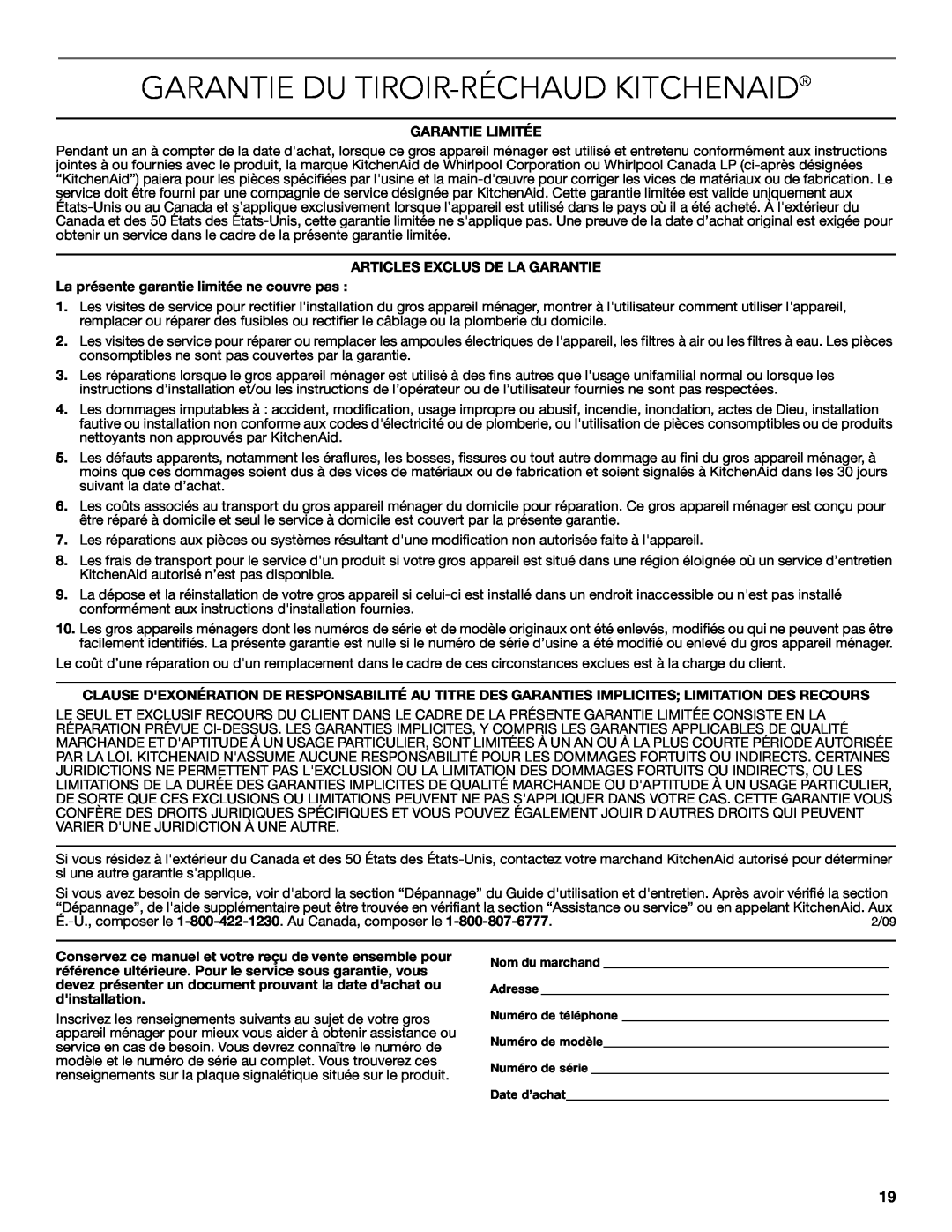 KitchenAid KEWS145, KEWS175 manual Garantie Du Tiroir-Réchaud Kitchenaid, Garantie Limitée, Articles Exclus De La Garantie 
