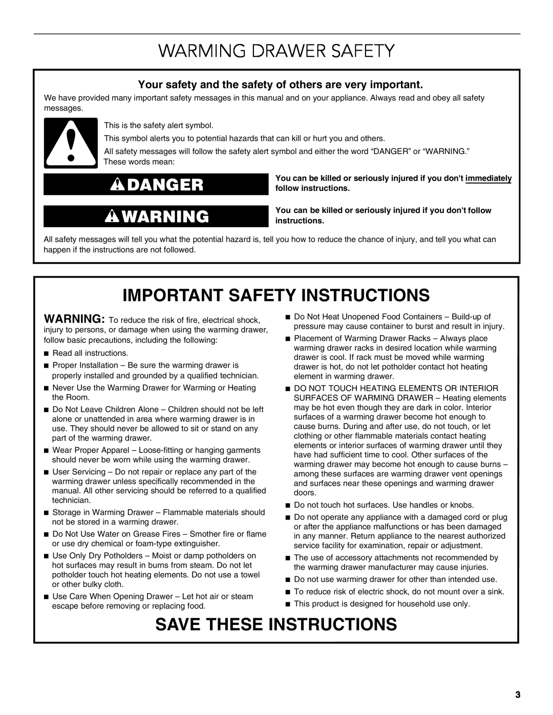 KitchenAid KEWS175, KEWS145, KEWS105 Warming Drawer Safety, Important Safety Instructions, Save These Instructions, Danger 