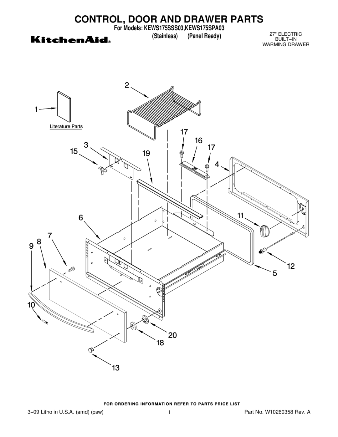 KitchenAid W10260358 manual CONTROL, Door and Drawer Parts, For Models KEWS175SSS03,KEWS175SPA03 Stainless 