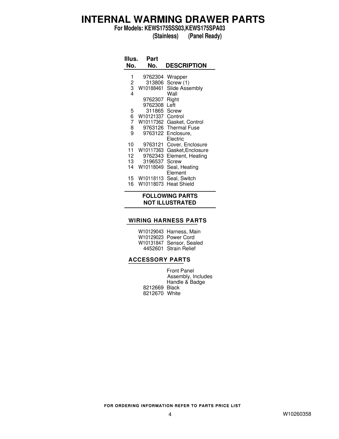KitchenAid W10260358, KEWS175SPA03, KEWS175SSS03 manual Following Parts Not Illustrated Wiring Harness Parts 