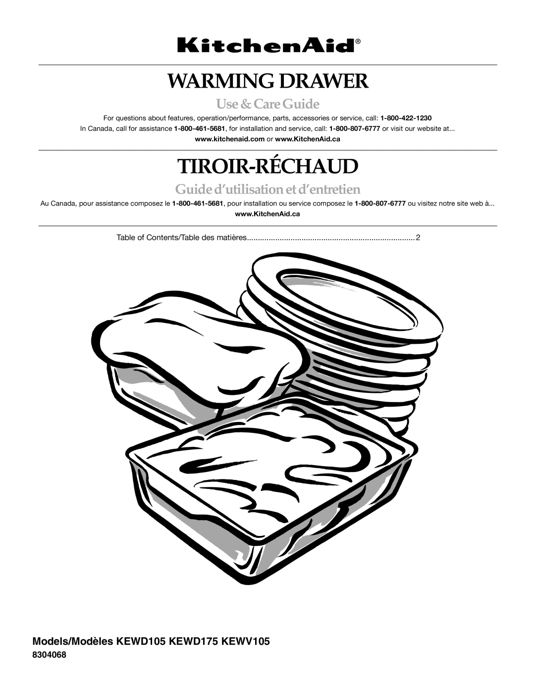 KitchenAid KEWD175, KEWV105 manual Warming Drawer, Table of Contents/Table des matières 