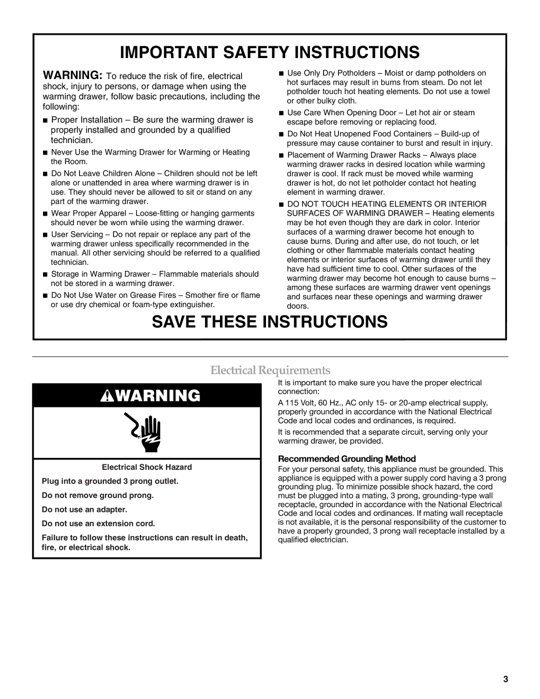 KitchenAid KEWD175, KEWV105 manual Electrical Requirements, Recommended Grounding Method 