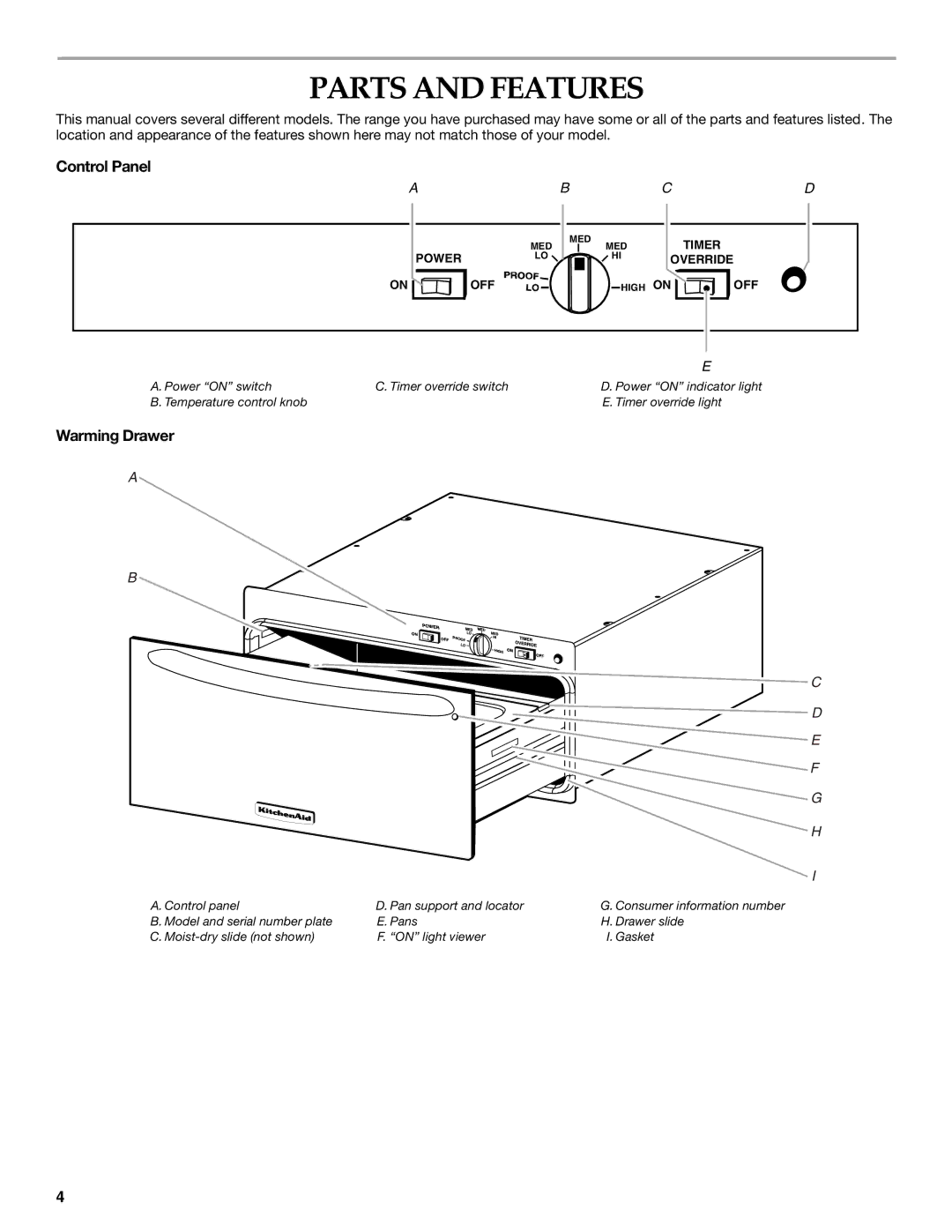 KitchenAid KEWV105, KEWD175 manual Parts and Features, Control Panel, Warming Drawer 