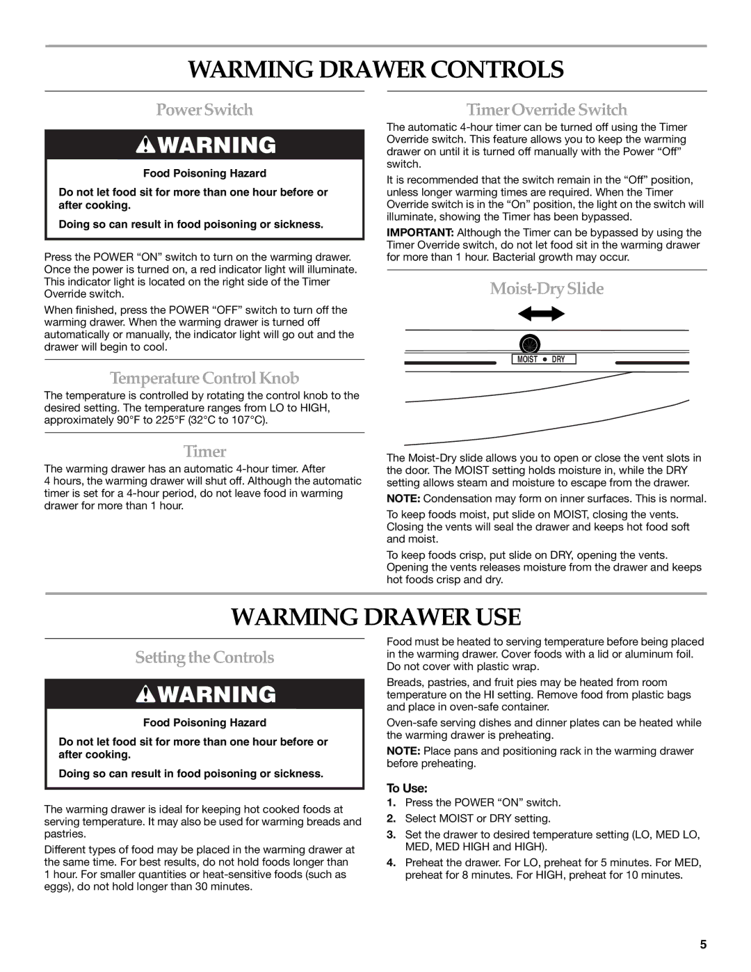 KitchenAid KEWD175, KEWV105 manual Warming Drawer Controls, Warming Drawer USE 