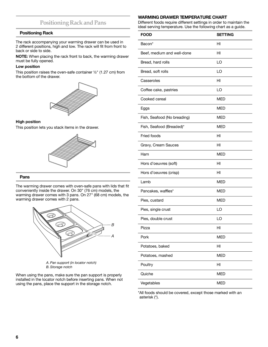 KitchenAid KEWV105, KEWD175 manual Positioning Rack and Pans, Warming Drawer Temperature Chart, Food Setting 