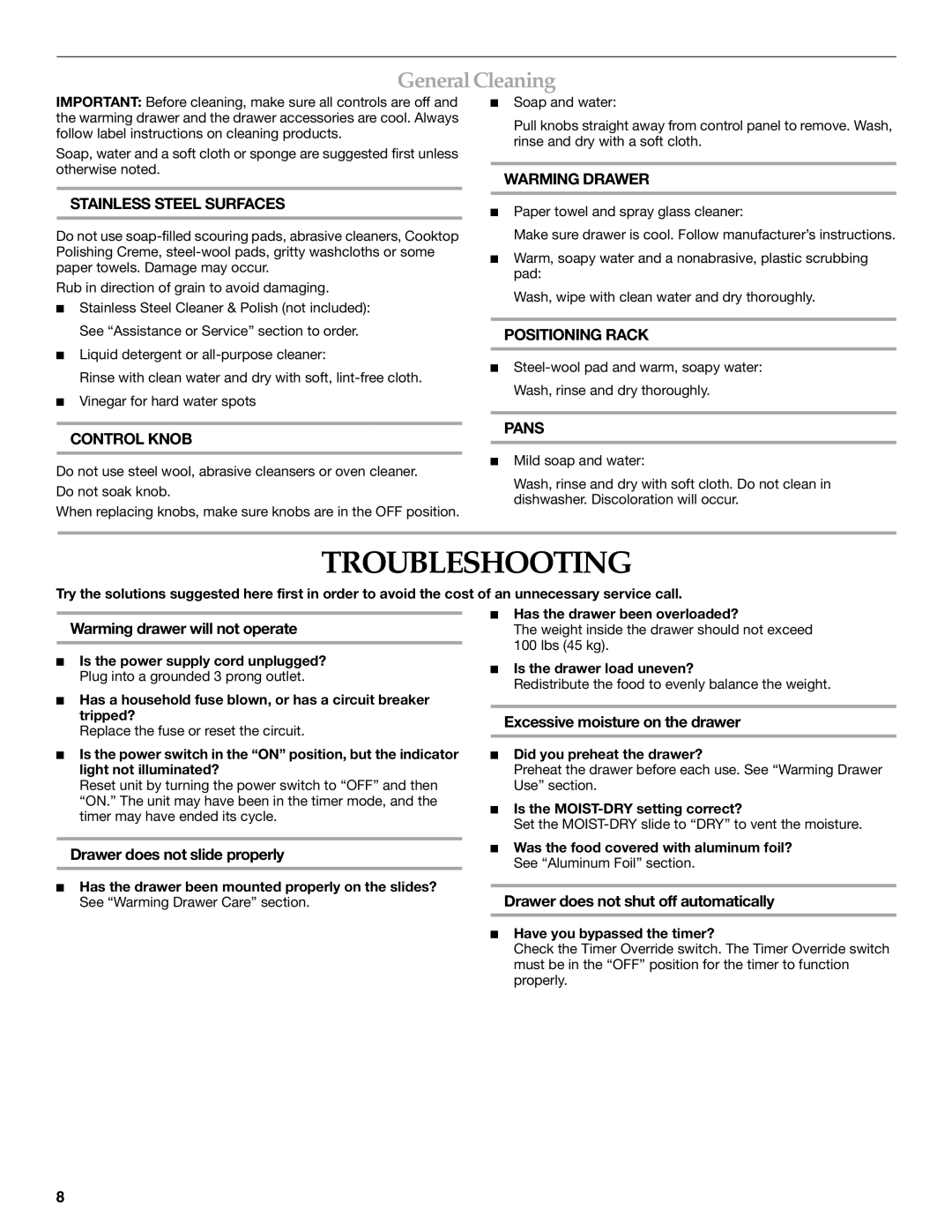 KitchenAid KEWV105, KEWD175 manual Troubleshooting, General Cleaning 