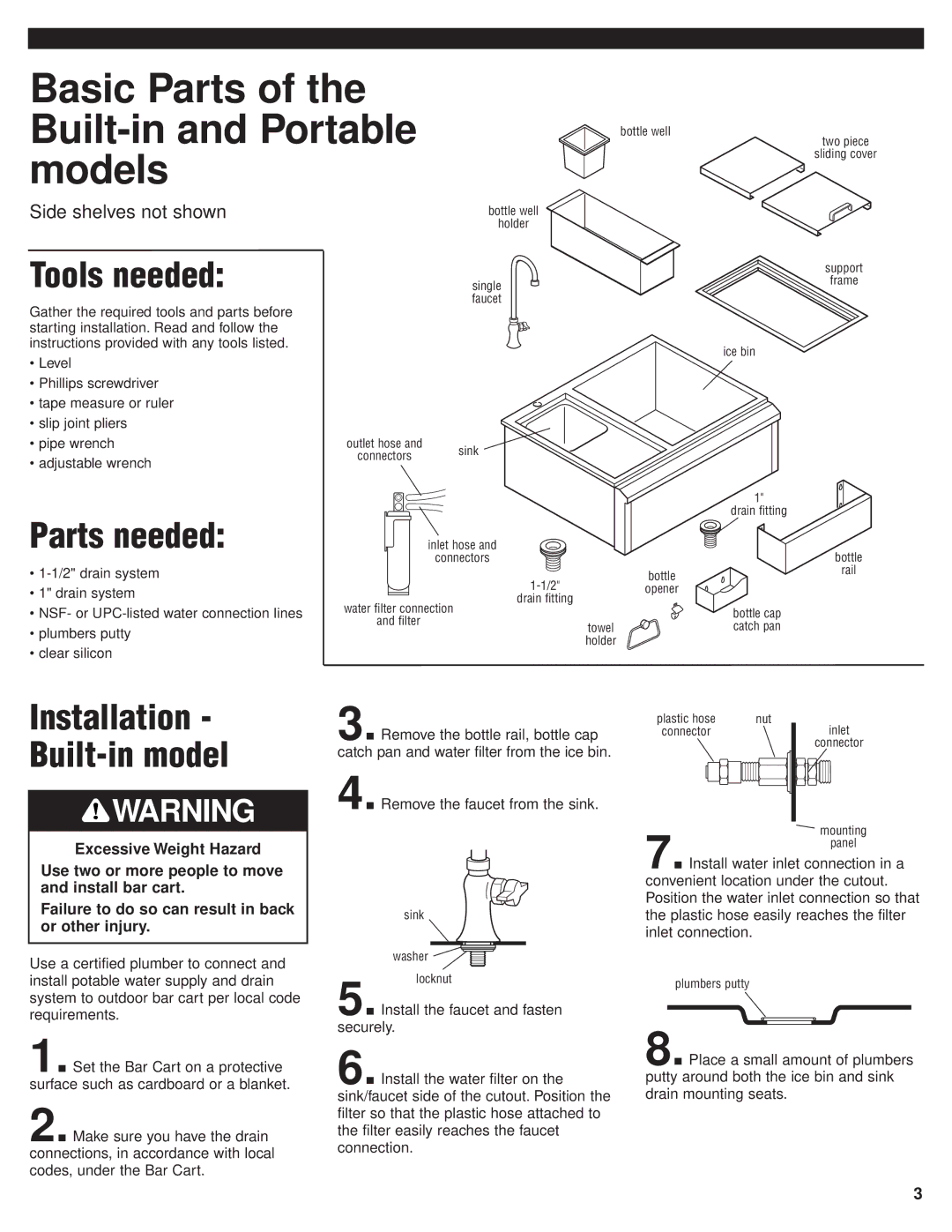 KitchenAid KFBP100LSS, KFBP102LSS Basic Parts of the Built-in and Portable models, Tools needed, Parts needed 