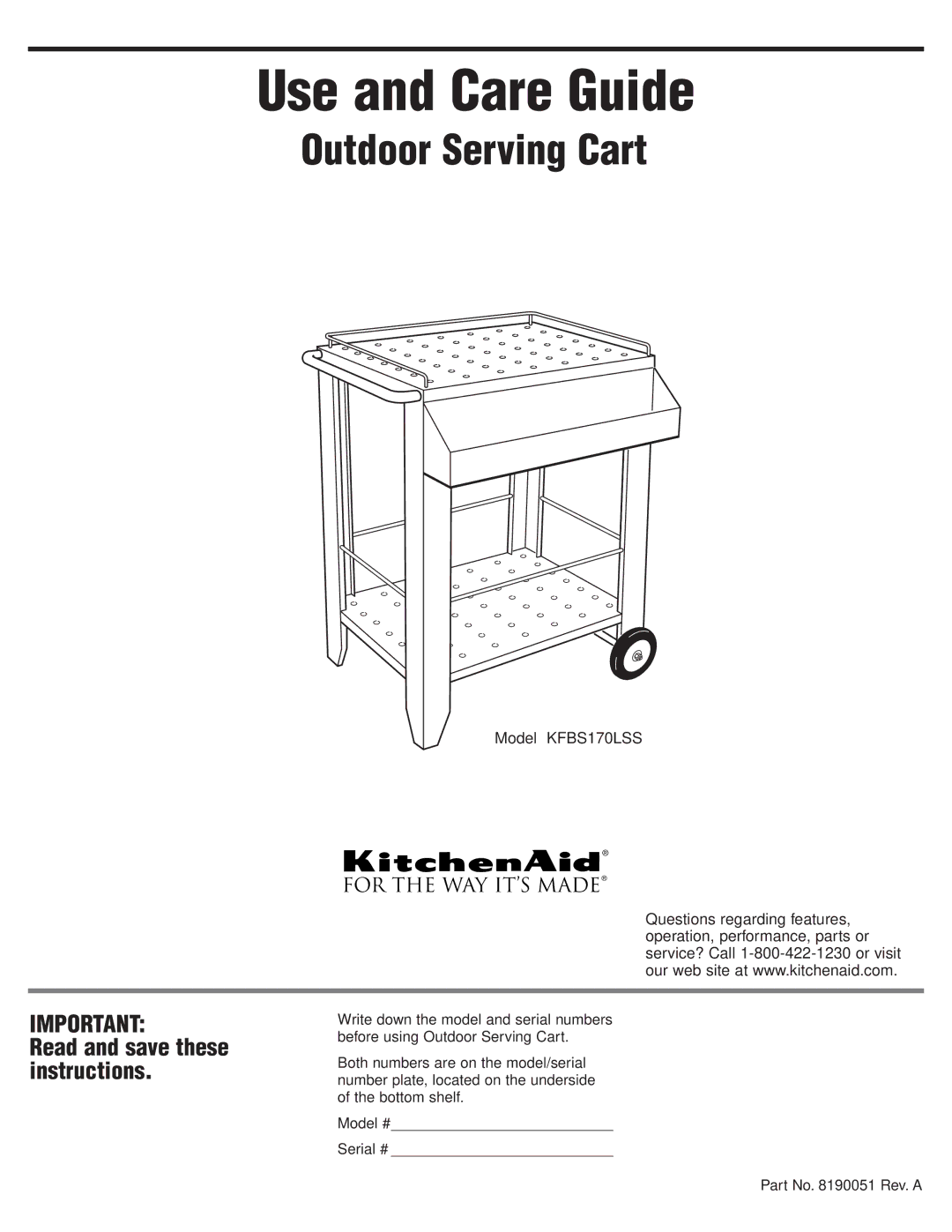 KitchenAid KFBS170LSS manual Use and Care Guide, Outdoor Serving Cart, Read and save these instructions 