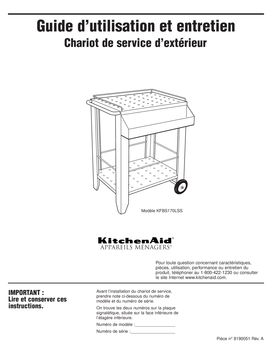 KitchenAid KFBS170LSS Guide d’utilisation et entretien, Chariot de service d’extérieur, Lire et conserver ces instructions 