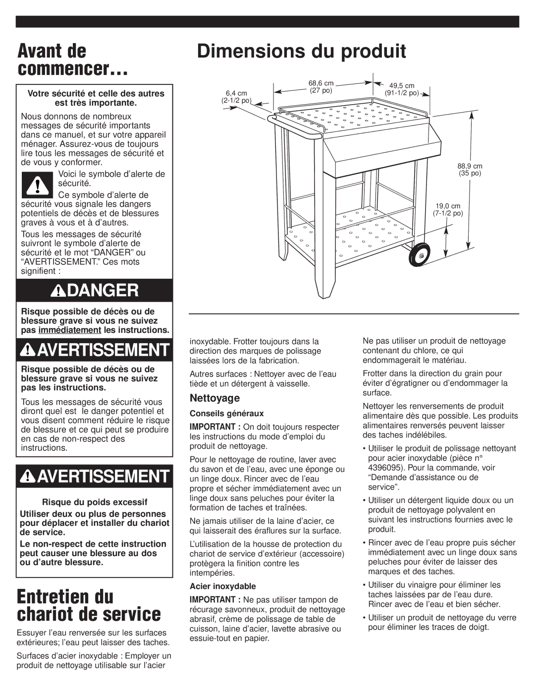 KitchenAid KFBS170LSS manual Dimensions du produit, Nettoyage, Votre sécurité et celle des autres Est très importante 