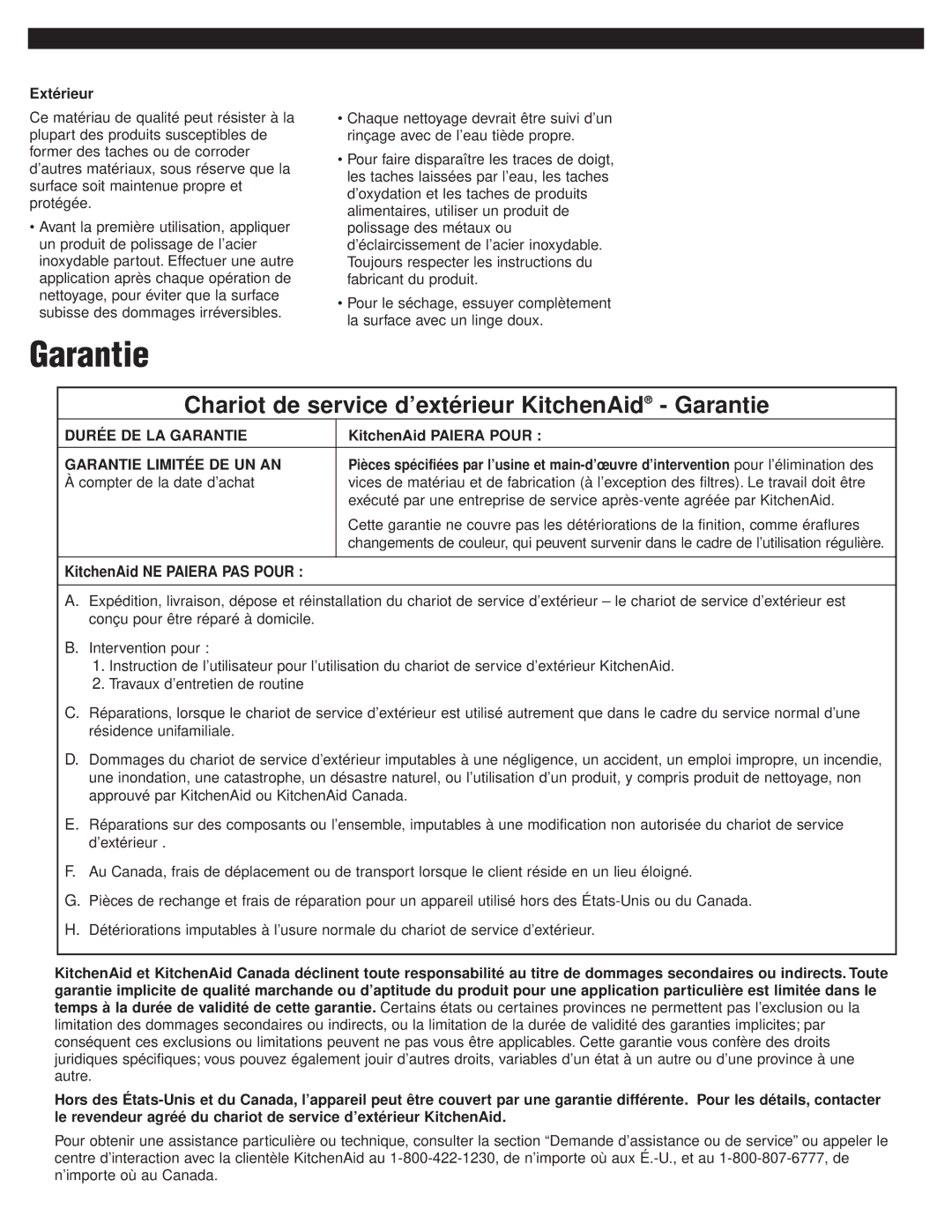 KitchenAid KFBS170LSS manual Chariot de service d’extérieur KitchenAid Garantie, Durée DE LA Garantie 