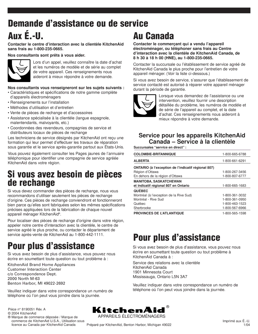 KitchenAid KFBS170LSS Demande d’assistance ou de service Aux É.-U, Au Canada, Si vous avez besoin de pièces de rechange 