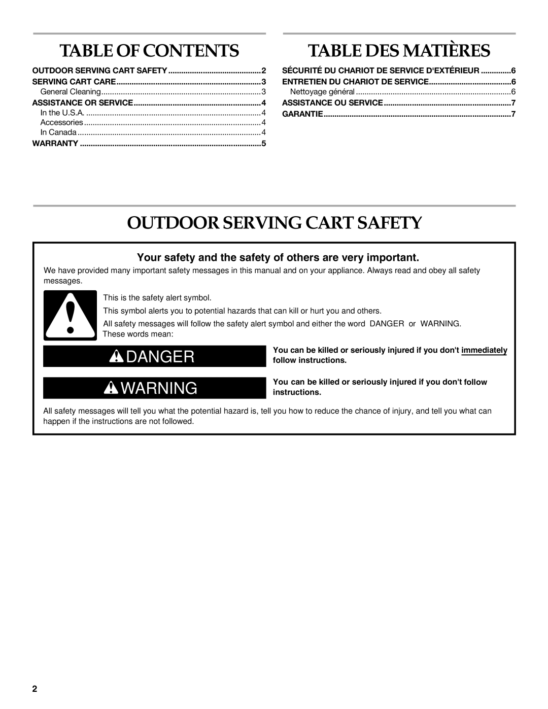 KitchenAid KFBU271T manual Table of Contents Table DES Matières, Outdoor Serving Cart Safety 