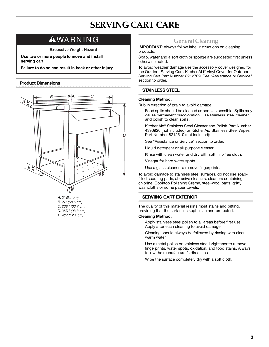 KitchenAid KFBU271T manual Serving Cart Care, GeneralCleaning, Product Dimensions, Stainless Steel, Serviing Cart Exterior 