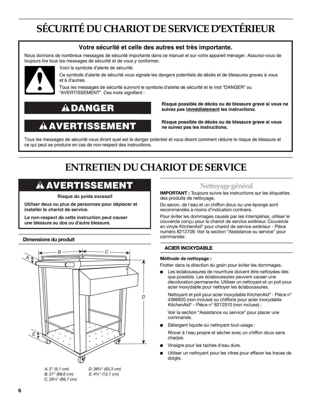 KitchenAid KFBU271T manual Sécurité DU Chariot DE Service Dextérieur, Entretien DU Chariot DE Service, Nettoyagegénéral 