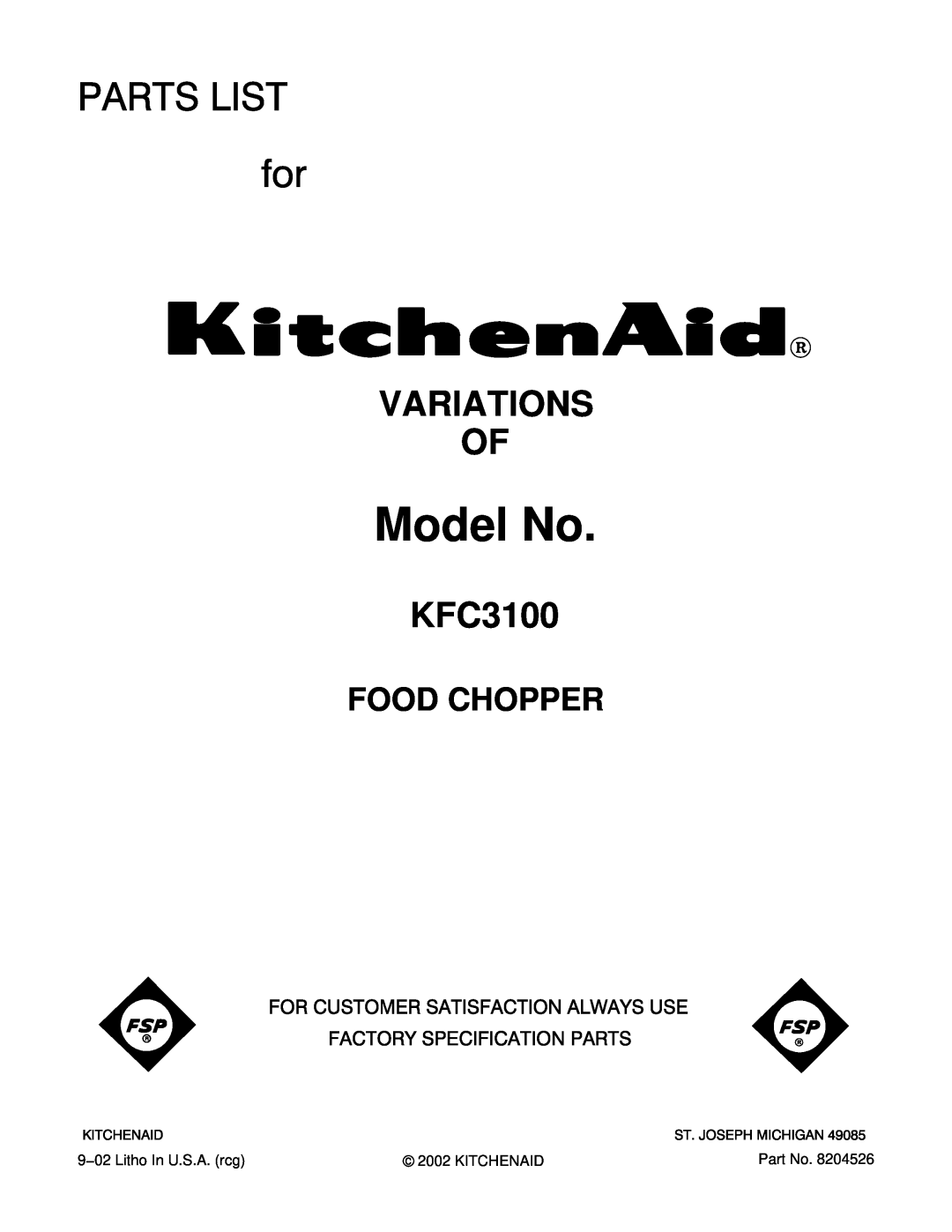 KitchenAid KFC3100 manual Model No, Variations Of, Food Chopper 
