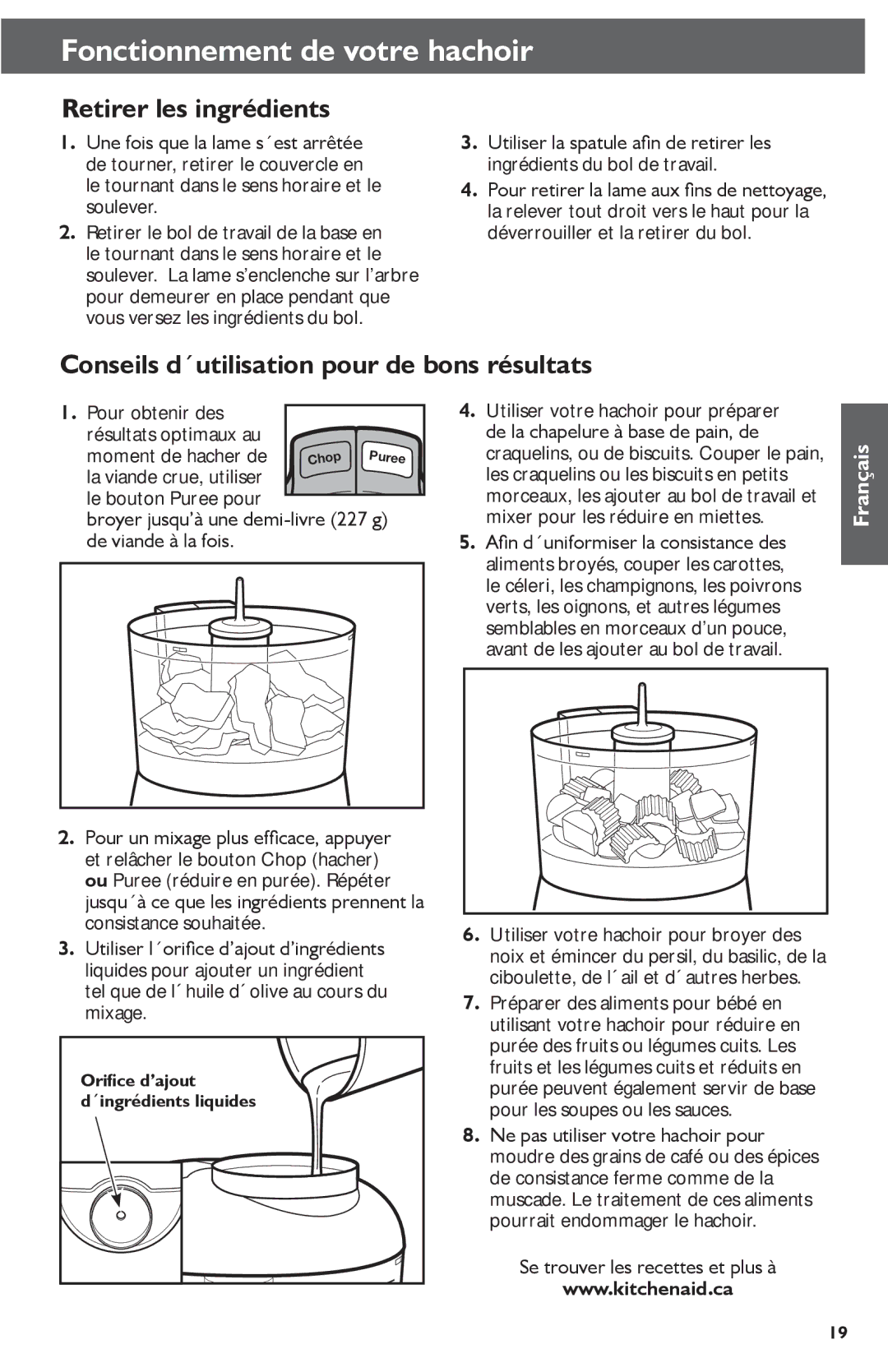 KitchenAid KFC3511 manual Retirer les ingrédients, Conseils d´utilisation pour de bons résultats 