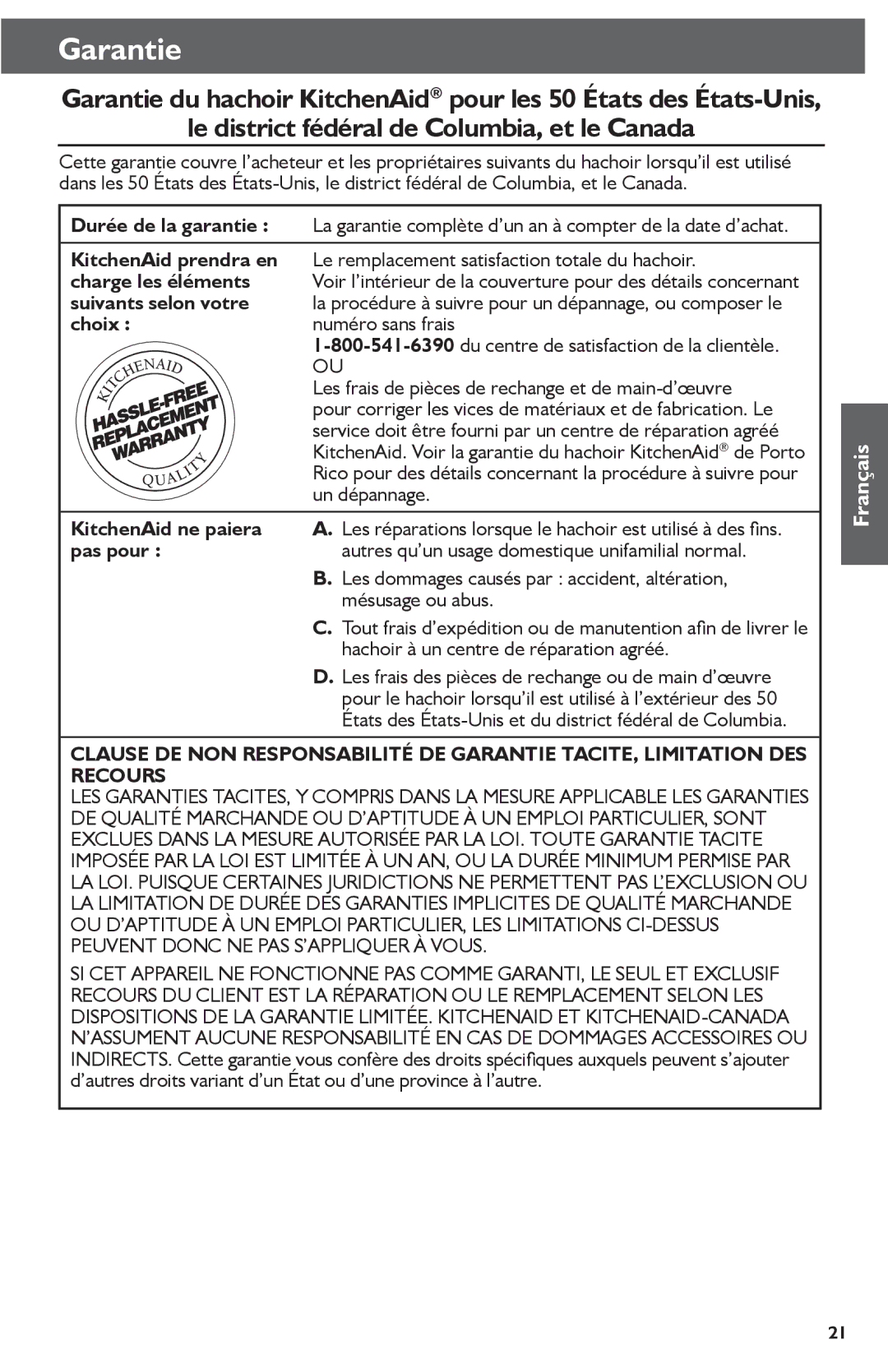 KitchenAid KFC3511 manual Garantie, Le district fédéral de Columbia, et le Canada 